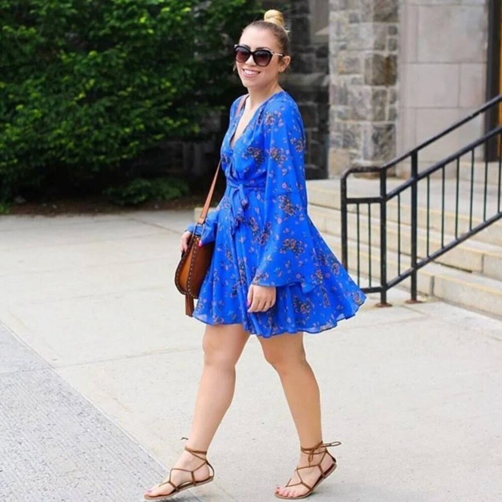 Free People Bright Royal Blue Floral Lilou Long Flare Sleeve V-neck Mini Dress